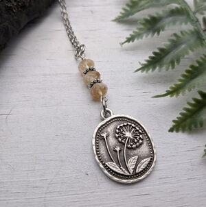 Silver Toned  Dandelion Flower Pendant Necklace with Yellow Beads